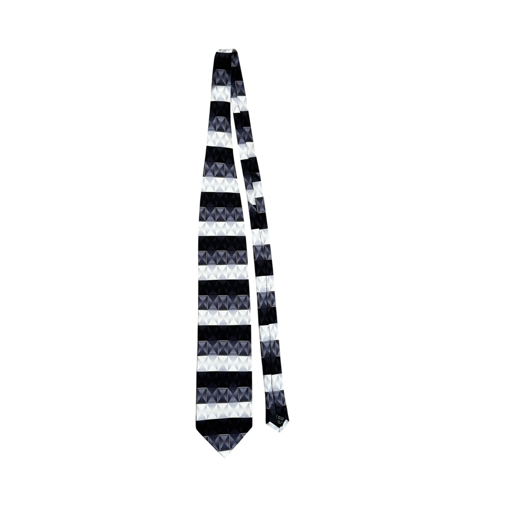 Mosaic Mens Silk Necktie‎ Black White Grey Geometric 3D Pyramid Stripe Handmade